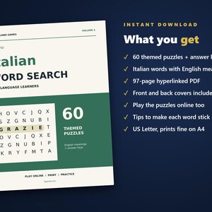 Italian Word Search for Language Learners, Volume 2 | 60 Printable Puzzles with English Meanings | Hyperlinked PDF image 4