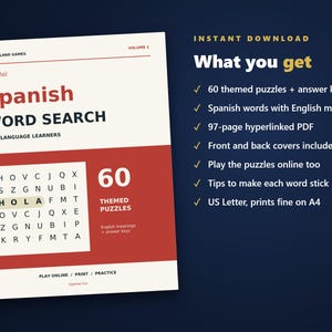 Spanish Word Search for Language Learners, Volume 1 | 60 Printable Puzzles with English Meanings | Hyperlinked PDF image 4