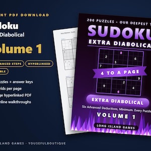 Sudoku - Extra Diabolical, Volume 1 | 200 Extremely Hard Printable Sudoku Puzzles with Answers | Hyperlinked PDF | Instant Download image 1