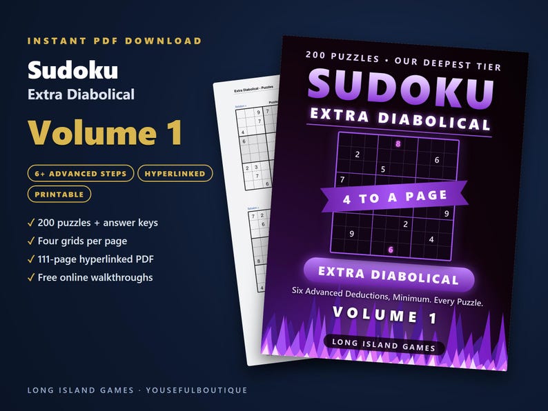 Sudoku - Extra Diabolical, Volume 1 | 200 Extremely Hard Printable Sudoku Puzzles with Answers | Hyperlinked PDF | Instant Download image 1
