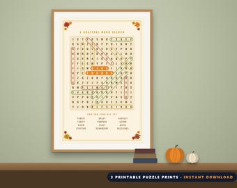 Thanksgiving Wall Art Printable Set of 3 | Give Thanks Word Search, Sudoku and Crossword Prints | Fall Decor | Digital Download