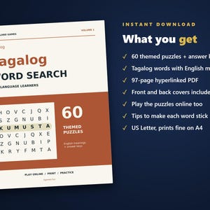 Tagalog Word Search for Language Learners, Volume 1 | 60 Printable Puzzles with English Meanings | Hyperlinked PDF image 4