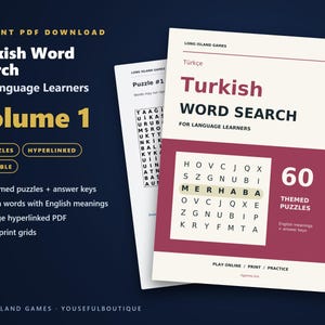 Turkish Word Search for Language Learners, Volume 1 | 60 Printable Puzzles with English Meanings | Hyperlinked PDF