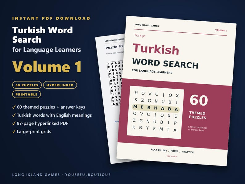 Turkish Word Search for Language Learners, Volume 1 | 60 Printable Puzzles with English Meanings | Hyperlinked PDF image 1