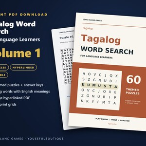 Tagalog Word Search for Language Learners, Volume 1 | 60 Printable Puzzles with English Meanings | Hyperlinked PDF