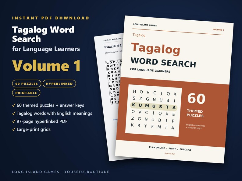 Tagalog Word Search for Language Learners, Volume 1 | 60 Printable Puzzles with English Meanings | Hyperlinked PDF image 1