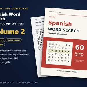 Spanish Word Search for Language Learners, Volume 2 | 60 Printable Puzzles with English Meanings | Hyperlinked PDF image 1