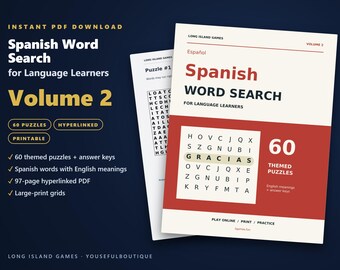 Spanish Word Search for Language Learners, Volume 2 | 60 Printable Puzzles with English Meanings | Hyperlinked PDF