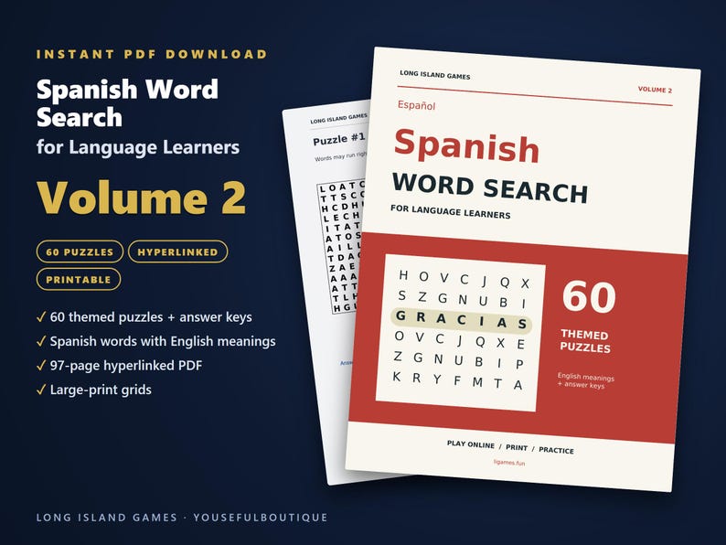 Spanish Word Search for Language Learners, Volume 2 | 60 Printable Puzzles with English Meanings | Hyperlinked PDF image 1