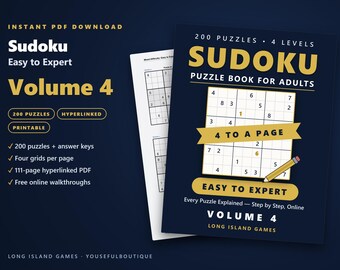 Sudoku - Easy to Expert, Volume 4 | 200 Printable Sudoku Puzzles with Answers | Hyperlinked PDF | Easy to Expert | Instant Download