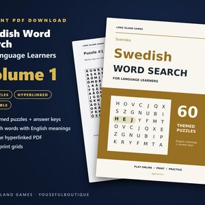 Swedish Word Search for Language Learners, Volume 1 | 60 Printable Puzzles with English Meanings | Hyperlinked PDF image 1