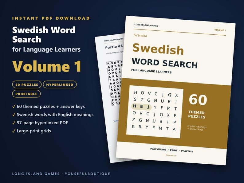 Swedish Word Search for Language Learners, Volume 1 | 60 Printable Puzzles with English Meanings | Hyperlinked PDF image 1