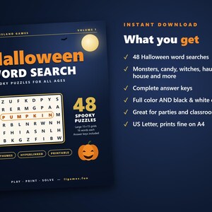 Halloween Word Search | 48 Printable Puzzles with Answers | Color and B&W | Hyperlinked PDF | Party and Classroom Activity image 4