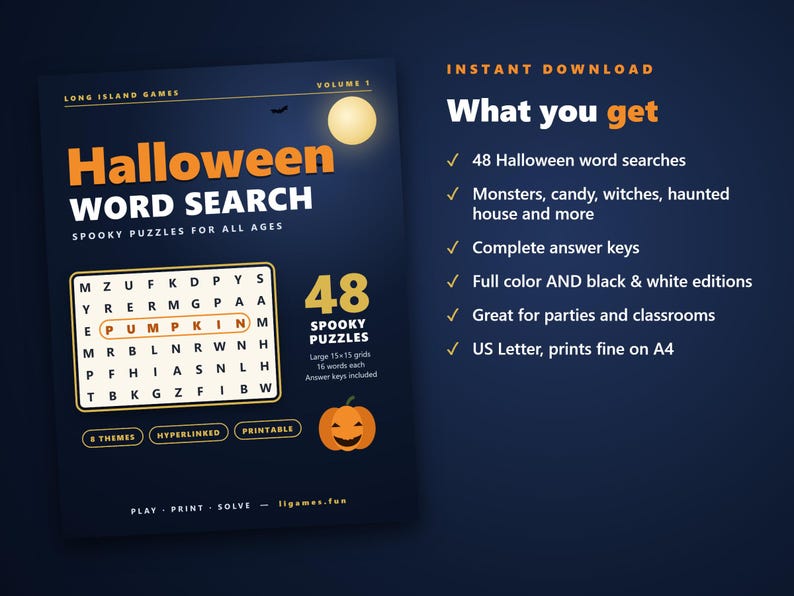 Halloween Word Search | 48 Printable Puzzles with Answers | Color and B&W | Hyperlinked PDF | Party and Classroom Activity image 4