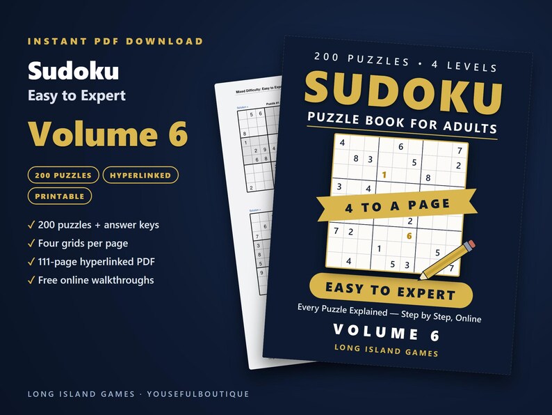 Sudoku - Easy to Expert, Volume 6 | 200 Printable Sudoku Puzzles with Answers | Hyperlinked PDF | Easy to Expert | Instant Download image 1