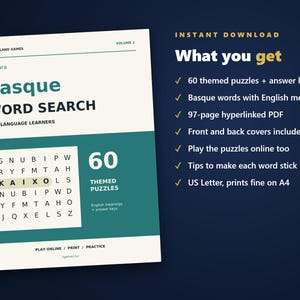 Basque Word Search for Language Learners, Volume 1 | 60 Printable Puzzles with English Meanings | Hyperlinked PDF image 4