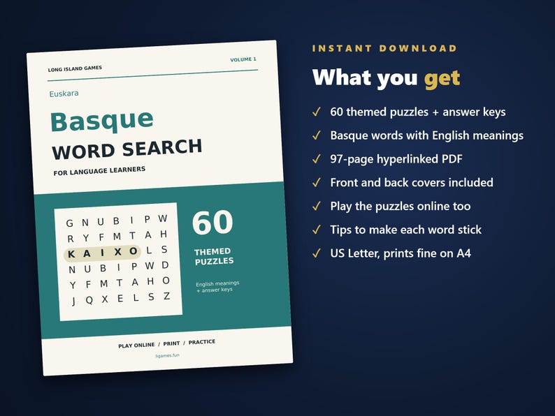 Basque Word Search for Language Learners, Volume 1 | 60 Printable Puzzles with English Meanings | Hyperlinked PDF image 4
