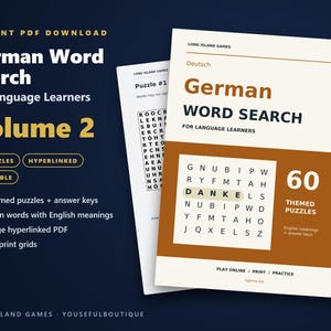 German Word Search for Language Learners, Volume 2 | 60 Printable Puzzles with English Meanings | Hyperlinked PDF image 1