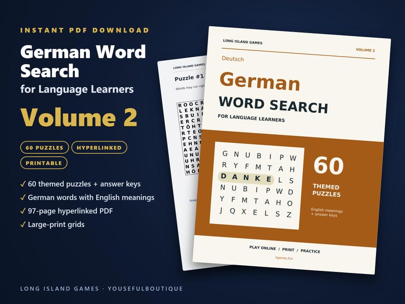 German Word Search for Language Learners, Volume 2 | 60 Printable Puzzles with English Meanings | Hyperlinked PDF image 1