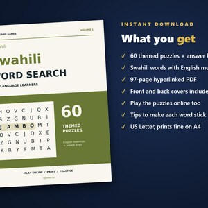 Swahili Word Search for Language Learners, Volume 1 | 60 Printable Puzzles with English Meanings | Hyperlinked PDF image 4