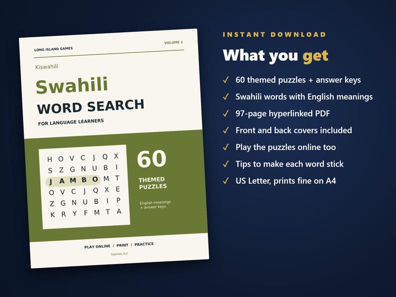 Swahili Word Search for Language Learners, Volume 1 | 60 Printable Puzzles with English Meanings | Hyperlinked PDF image 4