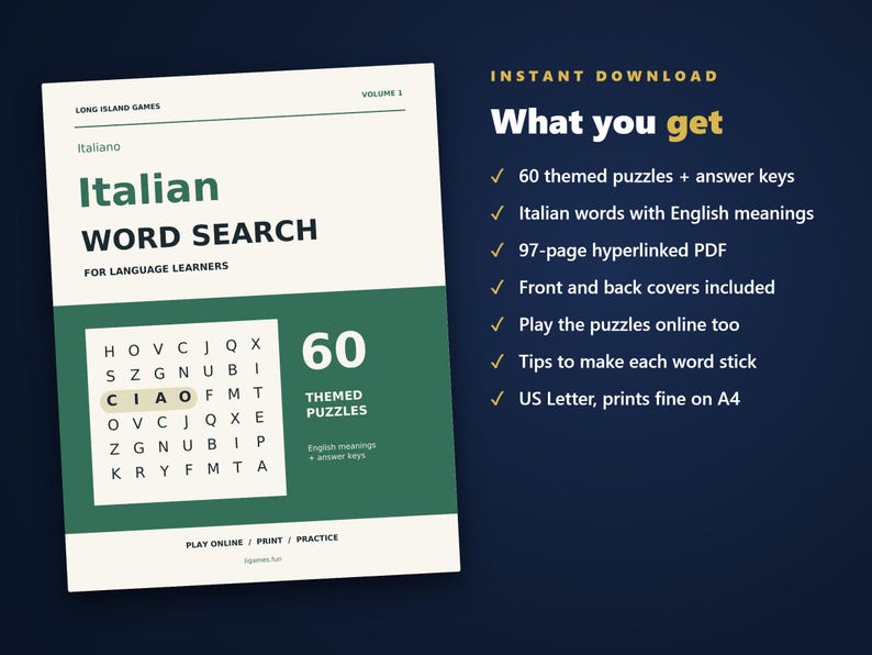 Italian Word Search for Language Learners, Volume 1 | 60 Printable Puzzles with English Meanings | Hyperlinked PDF image 4
