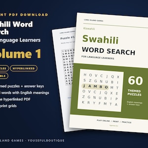Swahili Word Search for Language Learners, Volume 1 | 60 Printable Puzzles with English Meanings | Hyperlinked PDF image 1