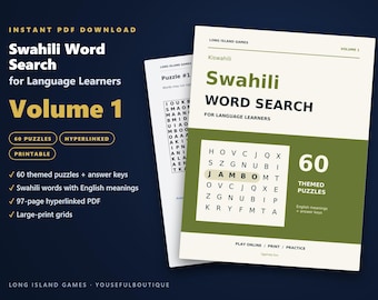May include: A Swahili Word Search for Language Learners Volume 1 PDF document featuring a cream and olive green cover with the text Swahili Word Search for Language Learners, 60 themed puzzles, and a grid showing the word Jambo.