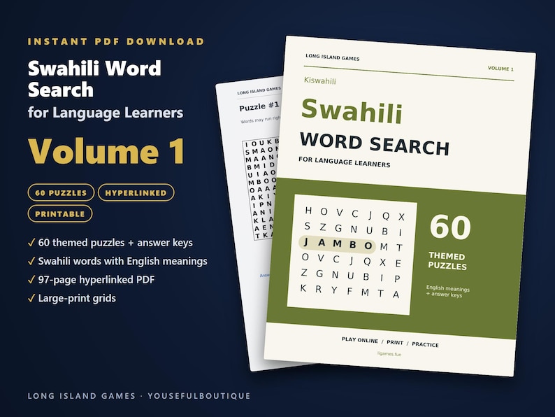 Swahili Word Search for Language Learners, Volume 1 | 60 Printable Puzzles with English Meanings | Hyperlinked PDF image 1