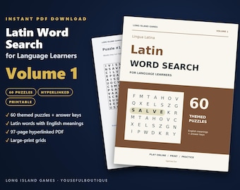 May include: A digital document titled Latin Word Search for Language Learners Volume 1, featuring 60 themed puzzles, answer keys, and large-print grids. The cover displays the text Latin Word Search and a sample puzzle grid with the word SALVE.