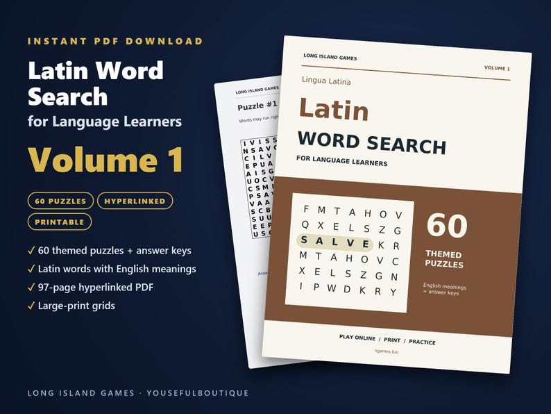 Latin Word Search for Language Learners, Volume 1 | 60 Printable Puzzles with English Meanings | Hyperlinked PDF image 1