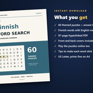 Finnish Word Search for Language Learners, Volume 1 | 60 Printable Puzzles with English Meanings | Hyperlinked PDF image 4