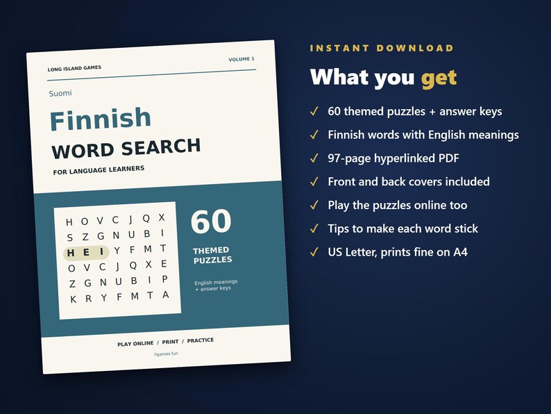Finnish Word Search for Language Learners, Volume 1 | 60 Printable Puzzles with English Meanings | Hyperlinked PDF image 4