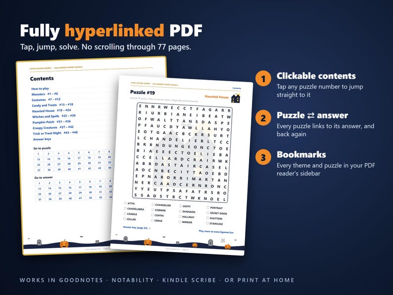 Halloween Word Search | 48 Printable Puzzles with Answers | Color and B&W | Hyperlinked PDF | Party and Classroom Activity image 2