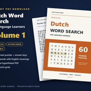 Dutch Word Search for Language Learners, Volume 1 | 60 Printable Puzzles with English Meanings | Hyperlinked PDF image 1