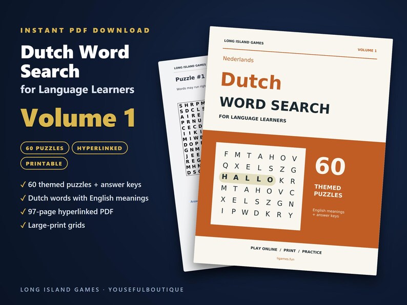 Dutch Word Search for Language Learners, Volume 1 | 60 Printable Puzzles with English Meanings | Hyperlinked PDF image 1