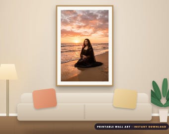 Mona Lisa on the Beach at Sunset Printable Wall Art | Photoreal Altered Art Print | Coastal Ocean Decor | Digital Download