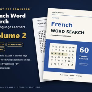 French Word Search for Language Learners, Volume 2 | 60 Printable Puzzles with English Meanings | Hyperlinked PDF image 1