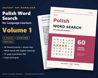 Polish Word Search for Language Learners, Volume 1 | 60 Printable Puzzles with English Meanings | Hyperlinked PDF