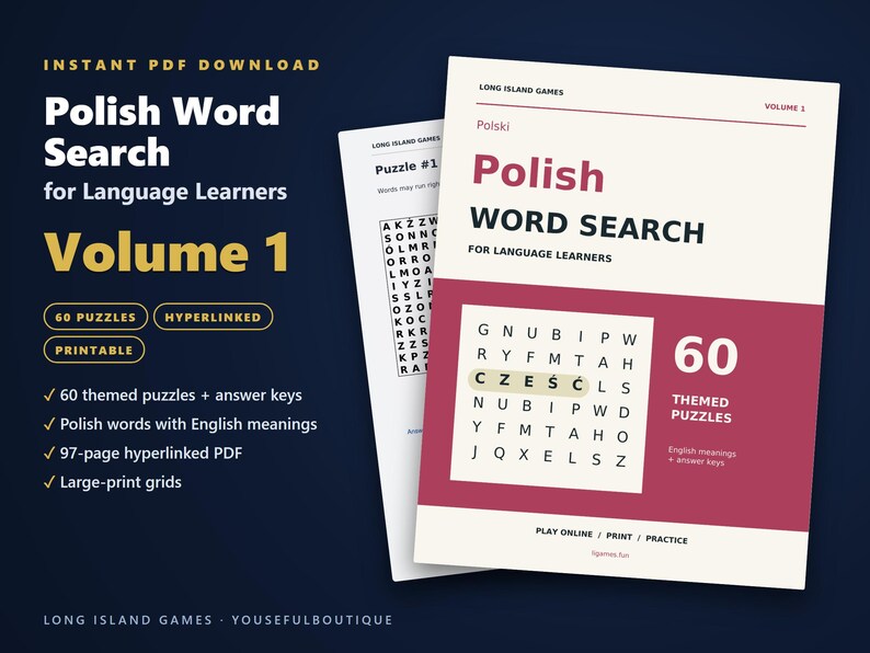 Polish Word Search for Language Learners, Volume 1 | 60 Printable Puzzles with English Meanings | Hyperlinked PDF image 1