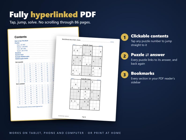 Sudoku - Easy to Expert, Volume 2 | 100 Printable Sudoku Puzzles with Answers | Hyperlinked PDF | Easy to Expert | Instant Download image 2