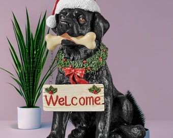 Christmas Style Black Labrador Dog Statue with Santa Hat - Festive Watchdog Sculpture - Best Gift - Wreath Collar for Doorways