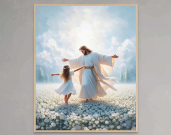 Jezus en meisje dansen, moderne christelijke kunst, Jezus met kinderen, Jezus foto, LDS-kunst, afdrukbare bijbelkunst, christelijk schilderij downloaden
