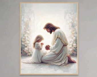 Jezus bidt met klein meisje, moderne christelijke kunst, Jezus en meisje, Jezus met kinderen, Jezus afdrukbare kunst, LDS-kunst, Bijbelschilderij