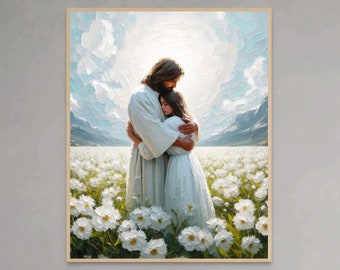 Jezus knuffelt vrouw, christelijke kunst, kunst Jezus en meisje, afdrukbare muurkunst, LDS-kunst, bijbelkunst, digitale christelijke prenten, Jezus geneest vrouw