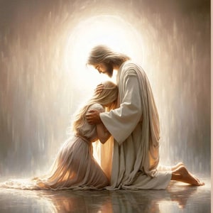 May include: A framed artwork depicts a serene scene of two figures in flowing white robes. One figure, kneeling, is embraced by the other, who has a gentle expression. The background is illuminated with a soft, ethereal light, creating a sense of peace and comfort.