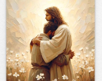 May include: A painting of Jesus Christ embracing a man in a field of white flowers. The light shines brightly behind them, creating a halo effect around Jesus' head.