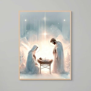 Birth of Jesus, Christmas Christian Painting, Joseph Mary and Baby Jesus, Star of Bethlehem, Bible Art, Christmas Art, Nativity Painting
