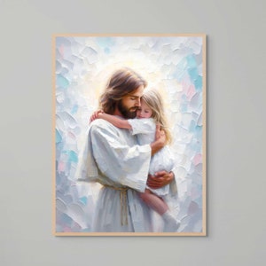 Heaven&#39;s Embrace, christelijk schilderij, Jezus knuffelt meisje, Jezus kunst, LDS-kunst, bijbelvers kunst aan de muur, christelijke kunst aan de muur, Jezus met kinderen