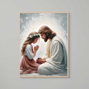 Puede incluir: Una pintura de una niña con una corona de flores arrodillada y rezando con un hombre de pelo largo y barba. La pintura está hecha en un estilo suave y pictórico con un fondo claro.